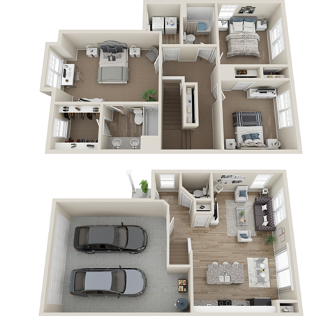 A 3D floor plan of a two-bedroom apartment with a garage.